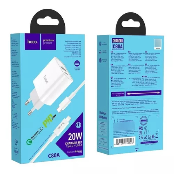 Cargador Hoco C80A 20W (Tipo C + USB A) + Cable Lightning iPhone