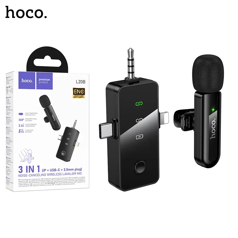 Micrófono Inalámbrico Lavalier Hoco L20B 3 en 1 (Lightning/Tipo C/Jack 3,5")