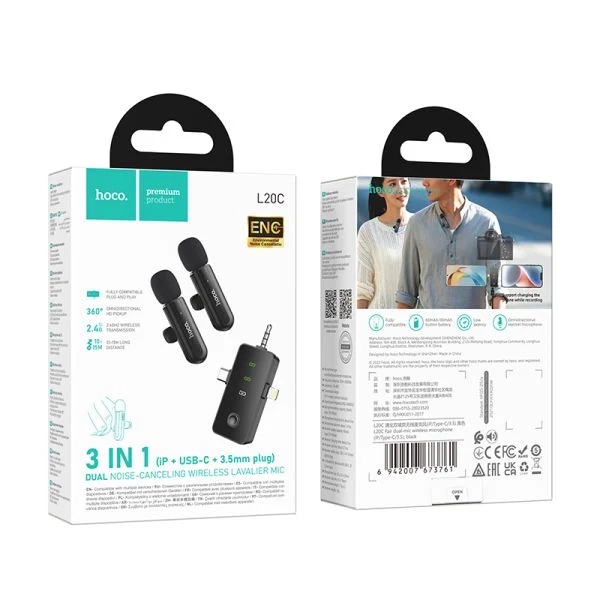 Micrófono Inalámbrico Lavalier Hoco L20C 3 en 1 DUAL (Lightning/Tipo C/Jack 3,5")