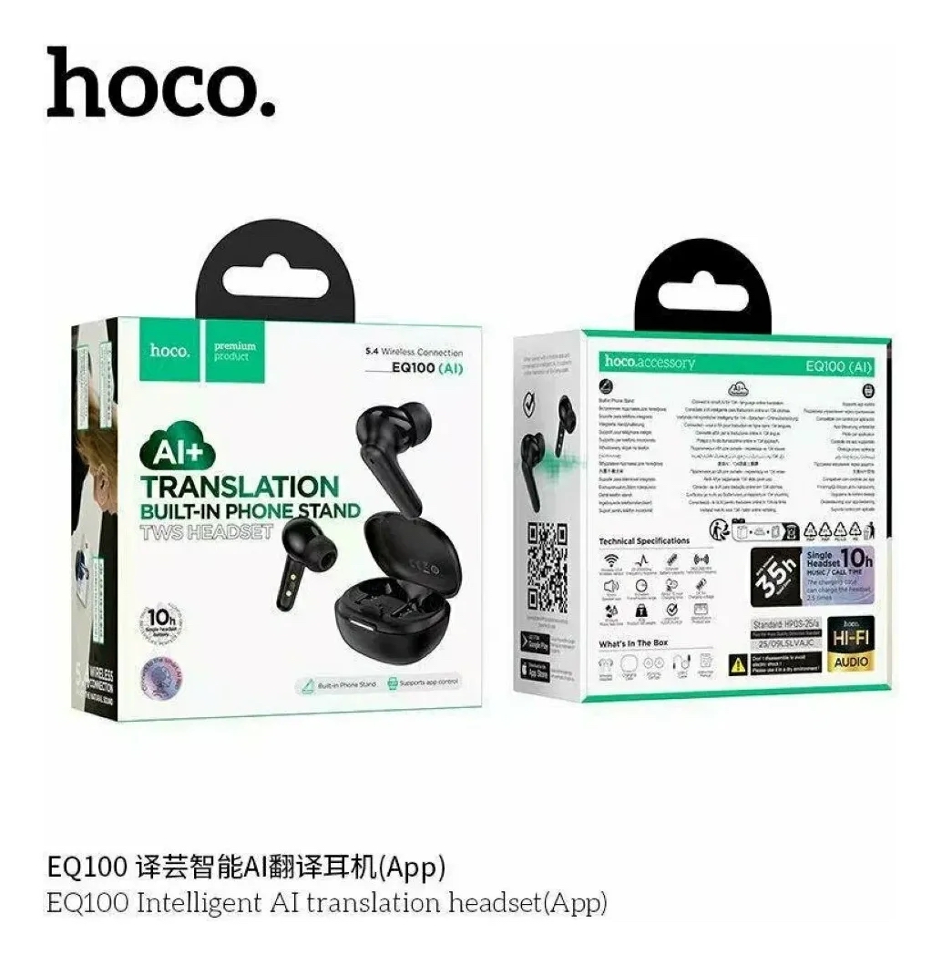 Audífonos Inalámbricos HOCO EQ100 Negro Con Traductor IA